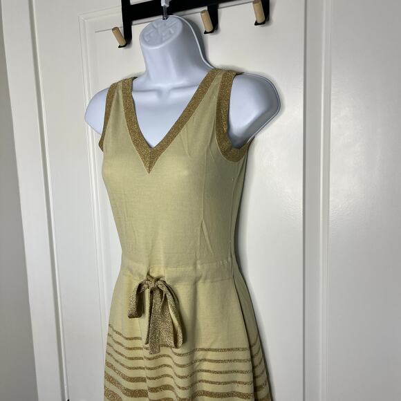 VTG Crissa Shawl V-Neck Midi Dress Set Wool Metallic Gold Italy XS/S Old Money - Picture 8 of 10